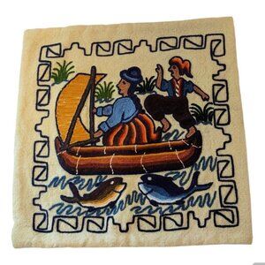 Vintage Embroidered Throw Pillow Case Boho Ecuador Wool Boat Fish Motif
